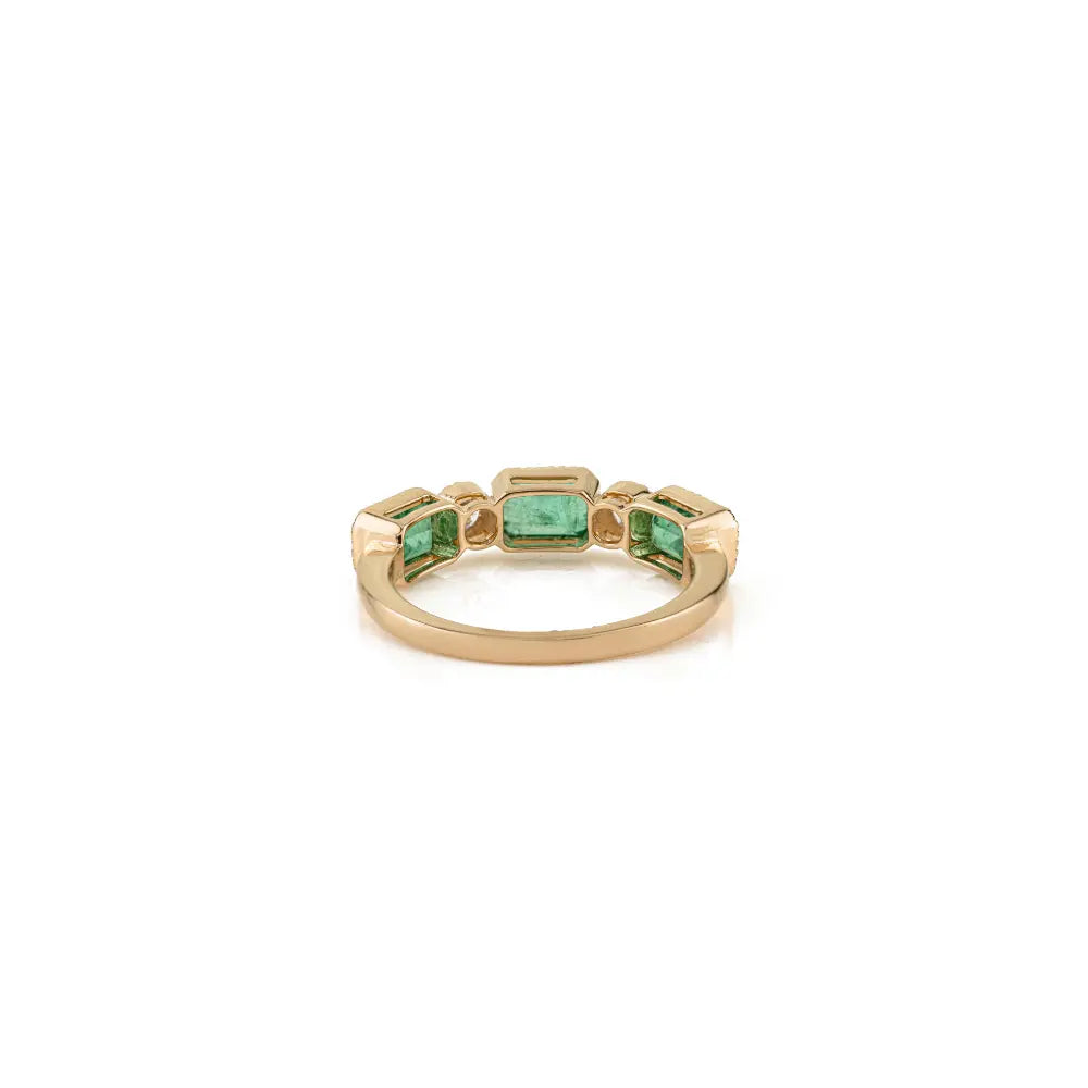 Pinion Bezel Set Emerald & Diamond Half Eternity Band Ring For Unisex 14K Real Yellow Gold