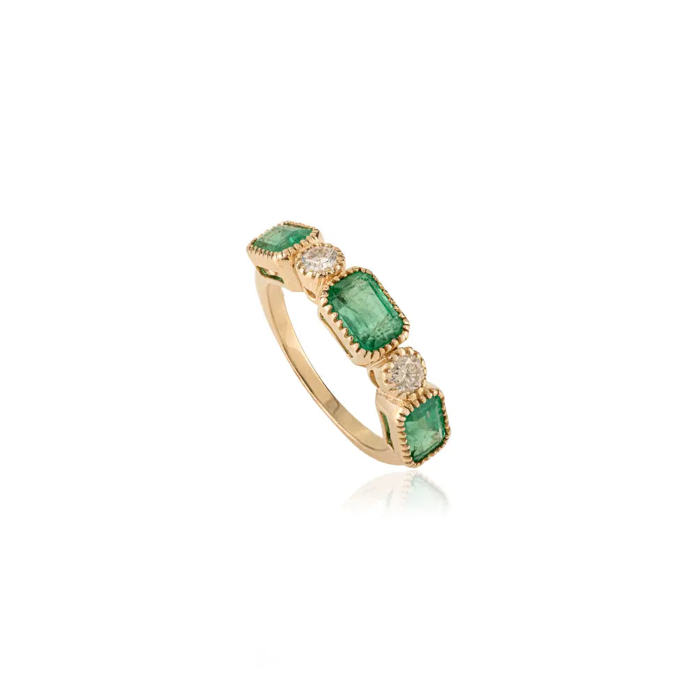 Pinion Bezel Set Emerald & Diamond Half Eternity Band Ring For Unisex 14K Real Yellow Gold