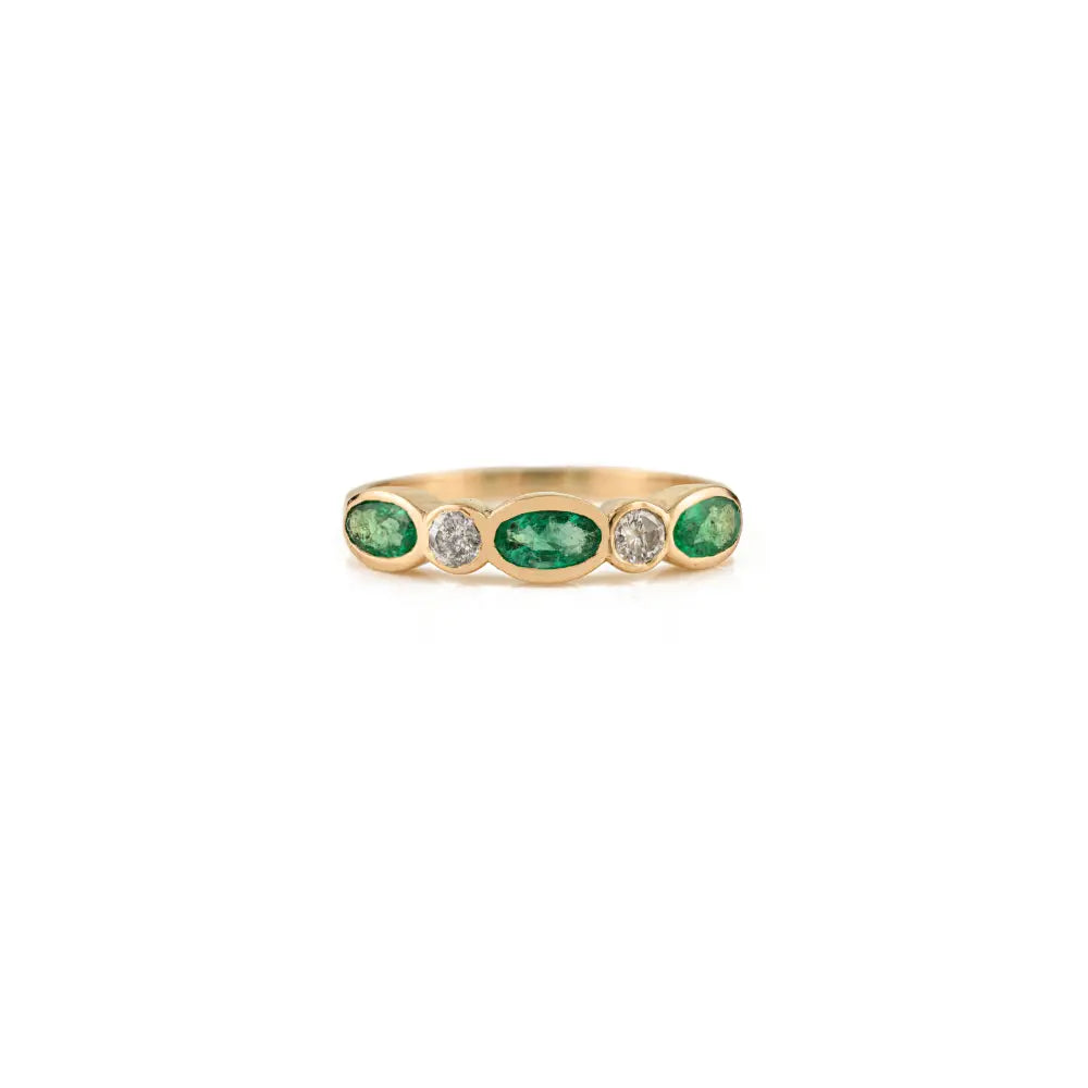 Simple Design 18K Yellow Gold Emerald & Diamond Stacked Half Eternity Band Ring Unisex