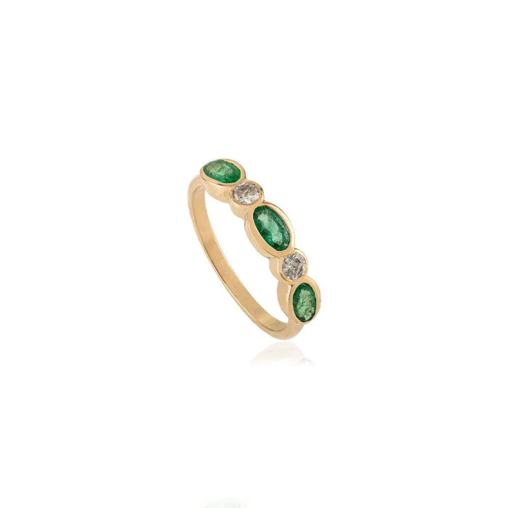 Simple Design 18K Yellow Gold Emerald & Diamond Stacked Half Eternity Band Ring Unisex