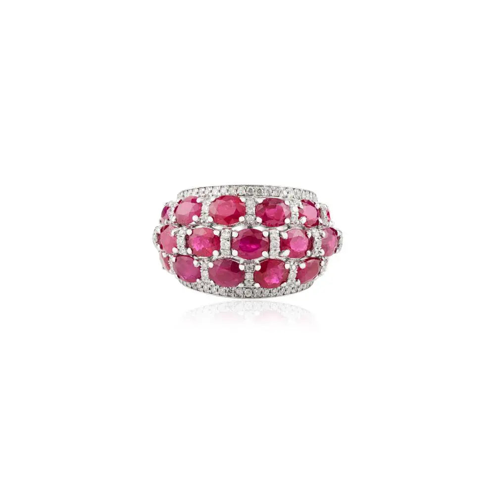 Luxury Beautiful Ruby & Diamond 18K Real White Gold Chunky Dome Ring Bold Jewelry