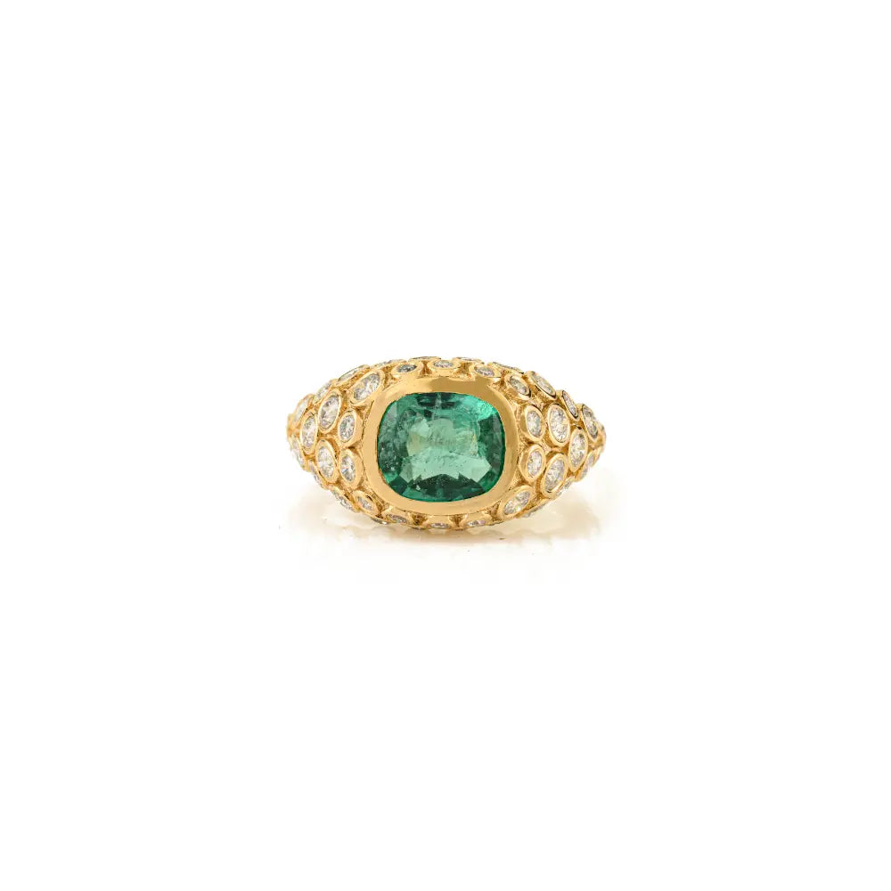 Bezel Set Emerald & Diamond Chunky Dome Ring Wedding 18K Yellow Gold Jewelry Manufacturer