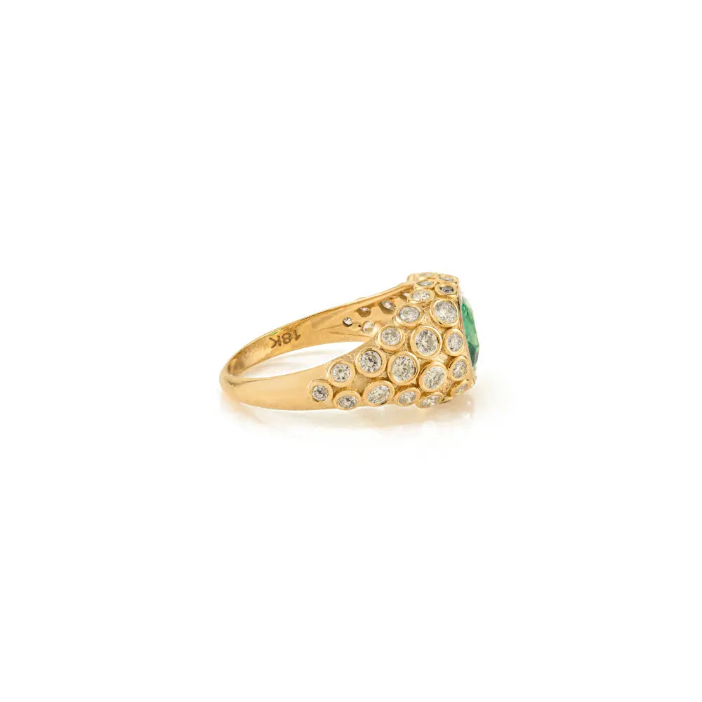 Bezel Set Emerald & Diamond Chunky Dome Ring Wedding 18K Yellow Gold Jewelry Manufacturer
