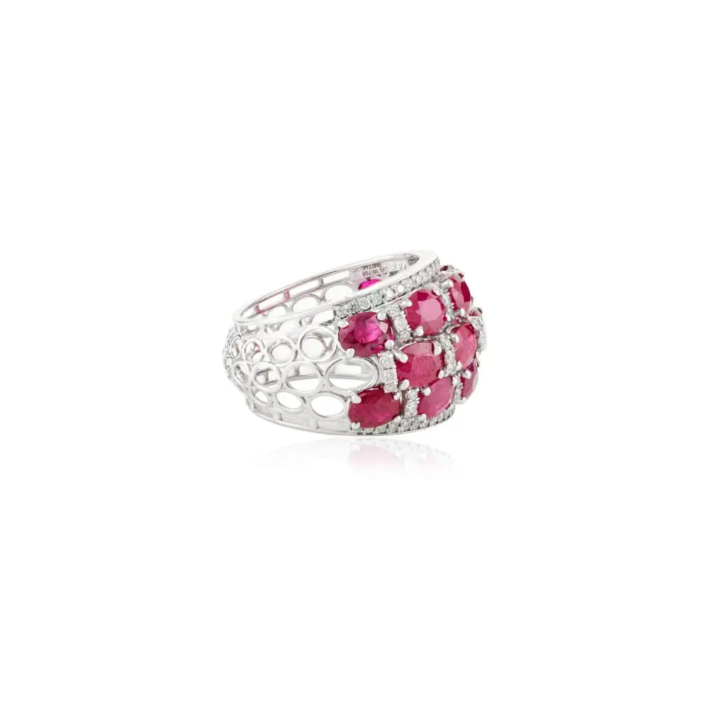 Luxury Beautiful Ruby & Diamond 18K Real White Gold Chunky Dome Ring Bold Jewelry