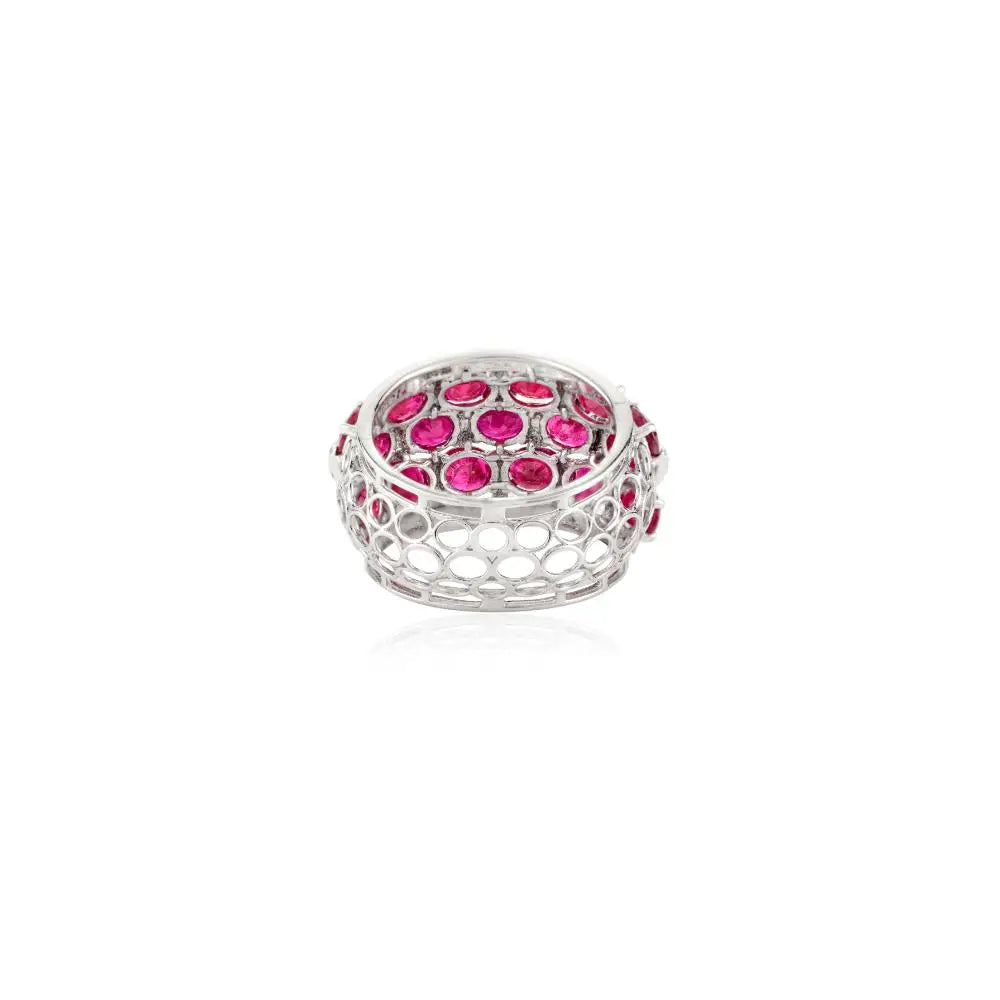 Luxury Beautiful Ruby & Diamond 18K Real White Gold Chunky Dome Ring Bold Jewelry