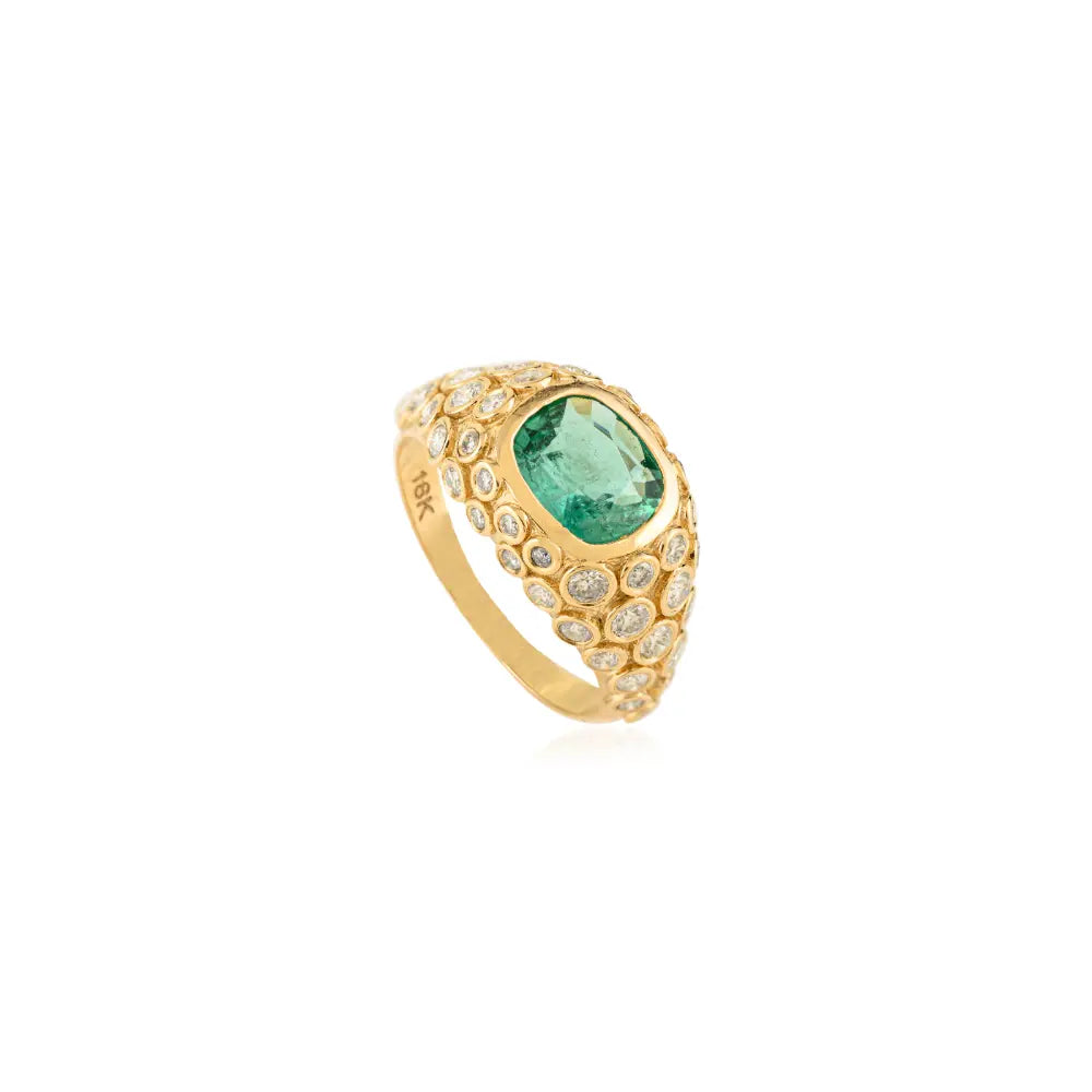Bezel Set Emerald & Diamond Chunky Dome Ring Wedding 18K Yellow Gold Jewelry Manufacturer