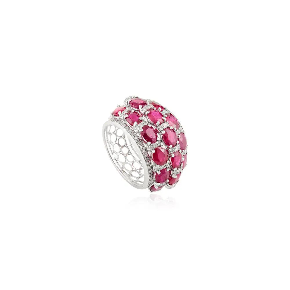 Luxury Beautiful Ruby & Diamond 18K Real White Gold Chunky Dome Ring Bold Jewelry