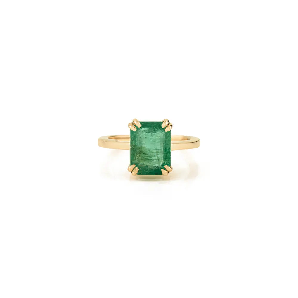 Double Prong Set Emerald Single Stone Ring For Unisex 14K Real Yellow Gold May Birthstone