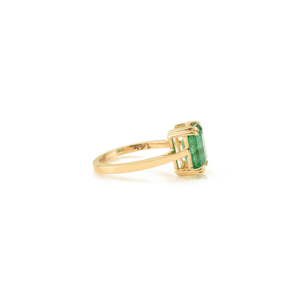 Double Prong Set Emerald Single Stone Ring For Unisex 14K Real Yellow Gold May Birthstone