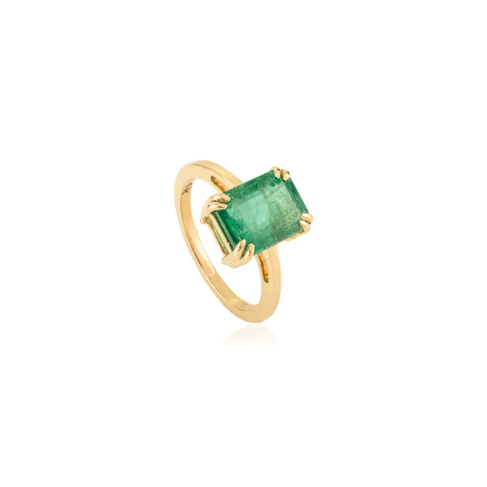 Double Prong Set Emerald Single Stone Ring For Unisex 14K Real Yellow Gold May Birthstone