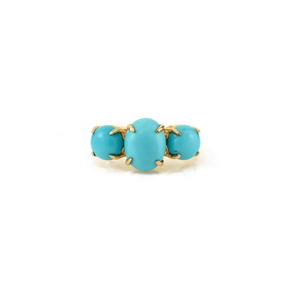 Prong Set Turquoise & Diamond Three Stone Ring 14K Yellow Gold Statement Wedding Jewelry