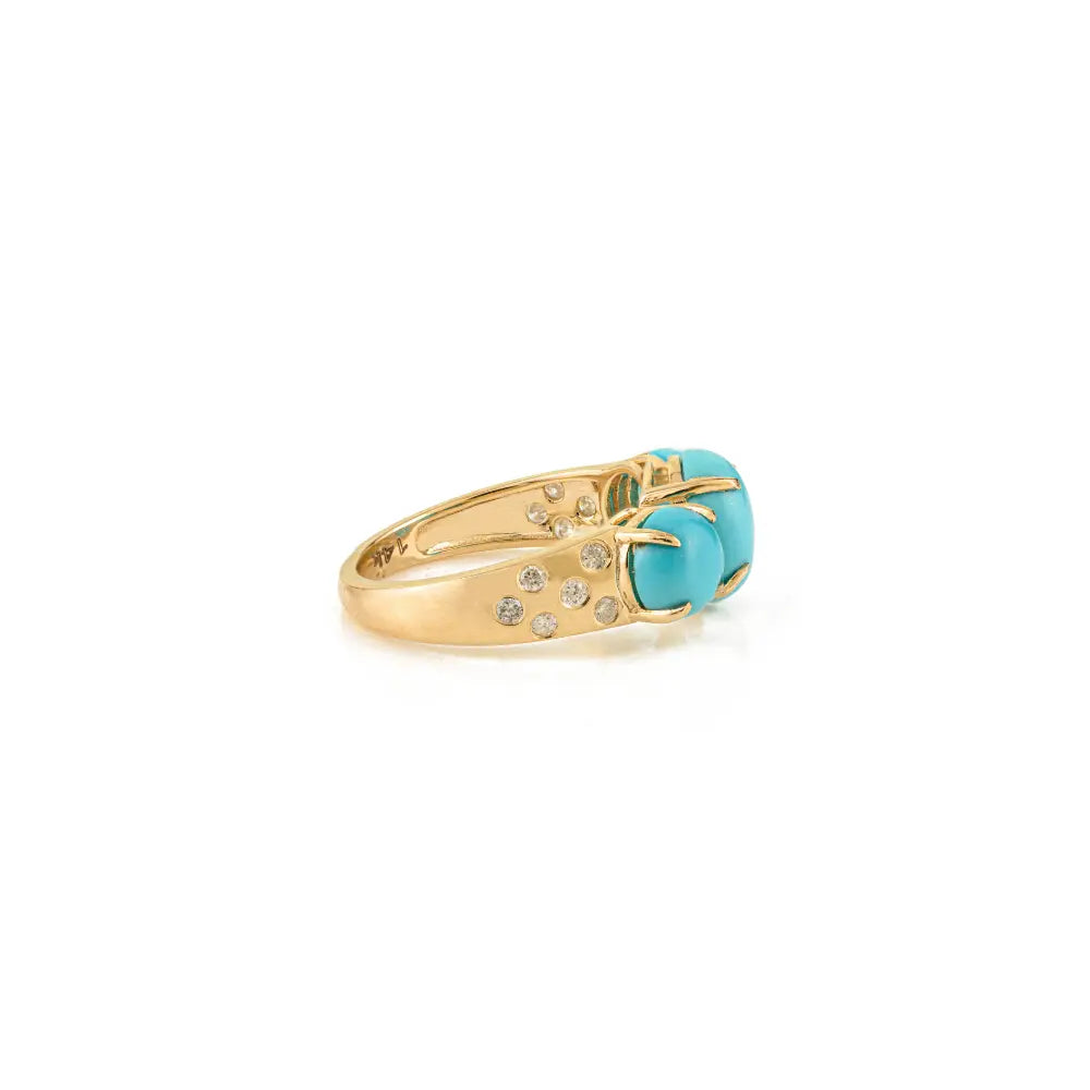 Prong Set Turquoise & Diamond Three Stone Ring 14K Yellow Gold Statement Wedding Jewelry