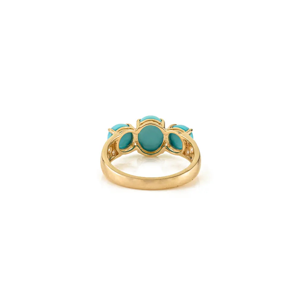 Prong Set Turquoise & Diamond Three Stone Ring 14K Yellow Gold Statement Wedding Jewelry