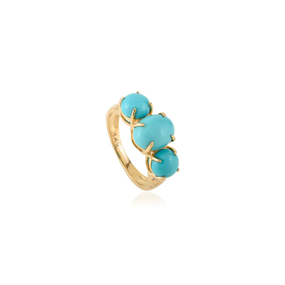 Prong Set Turquoise & Diamond Three Stone Ring 14K Yellow Gold Statement Wedding Jewelry