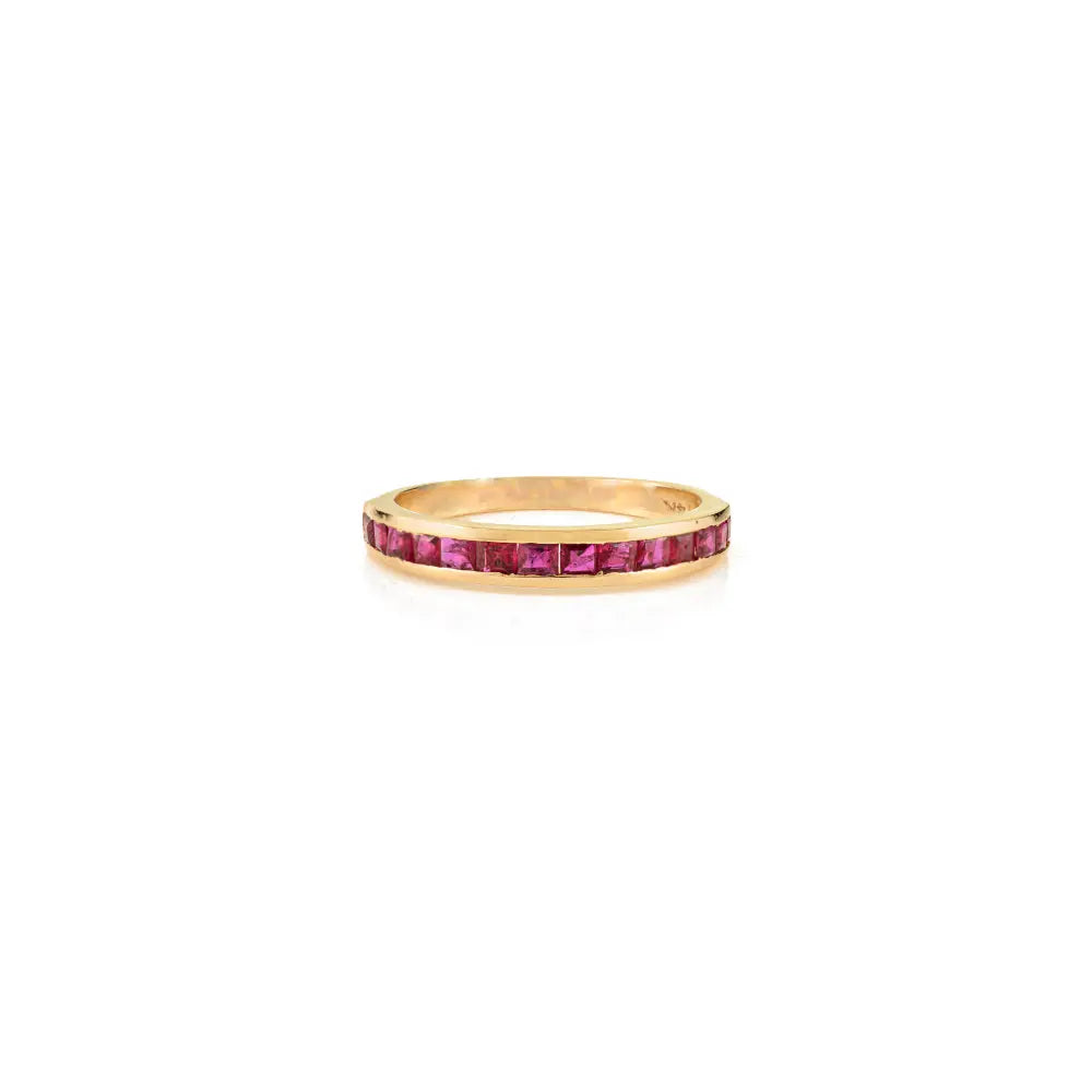 Channel Set Genuine Ruby Half Eternity Band Ring 14K Yellow Gold Stackable Handmade Jewelry