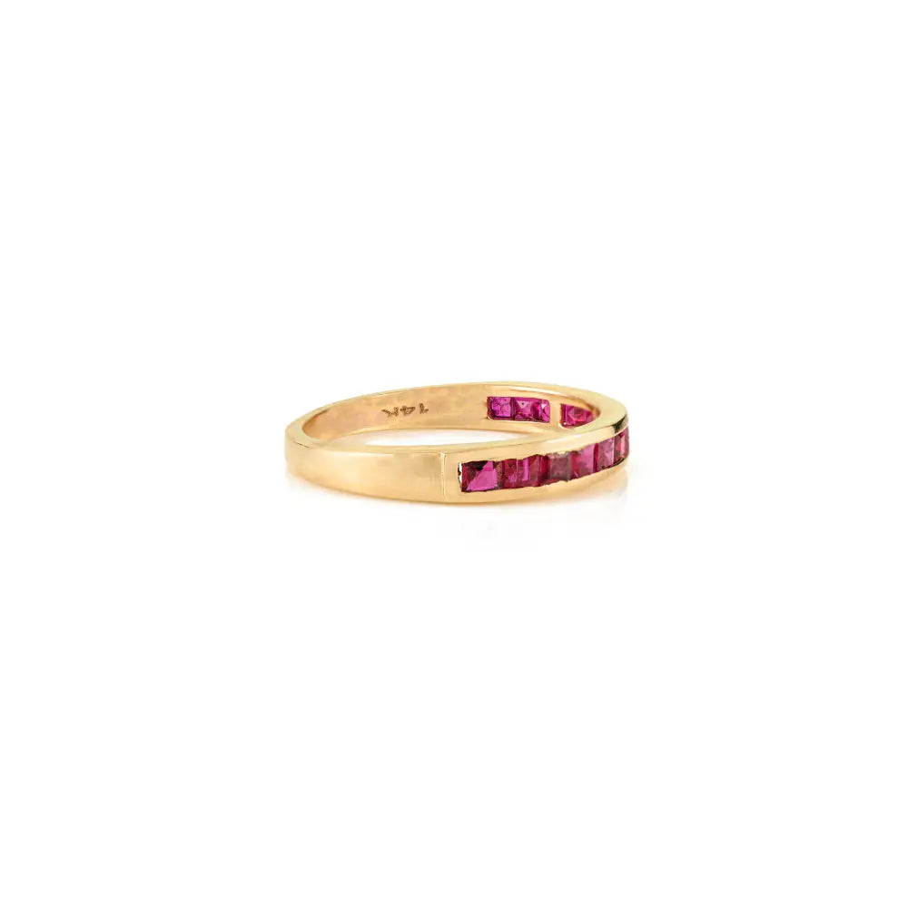 Channel Set Genuine Ruby Half Eternity Band Ring 14K Yellow Gold Stackable Handmade Jewelry