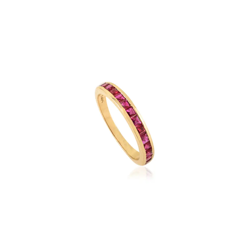 Channel Set Genuine Ruby Half Eternity Band Ring 14K Yellow Gold Stackable Handmade Jewelry