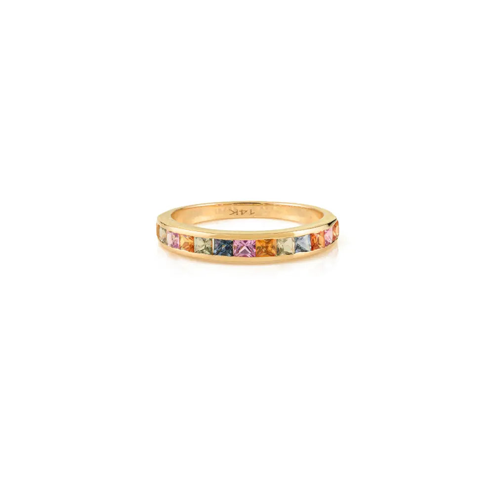 14K Solid Yellow Gold Rainbow Multi Sapphire New Arrivals Half Eternity Band Ring Simple Jewelry