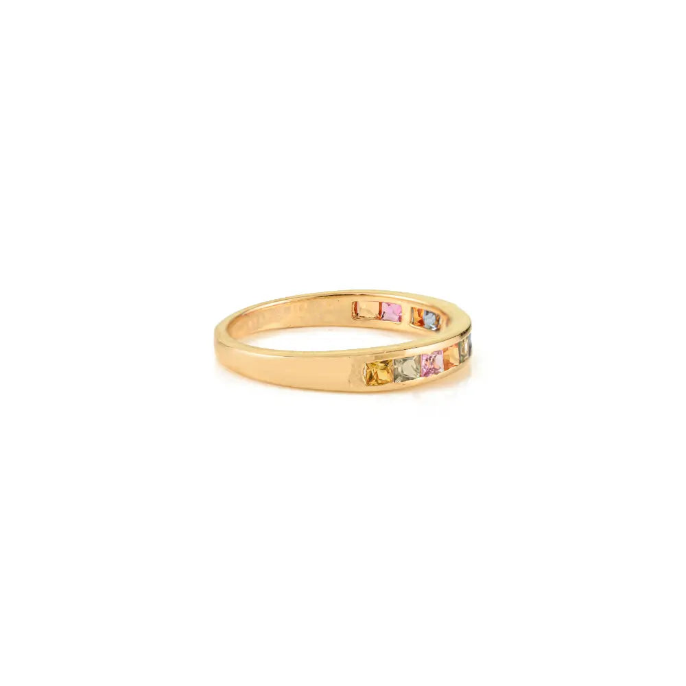 14K Solid Yellow Gold Rainbow Multi Sapphire New Arrivals Half Eternity Band Ring Simple Jewelry