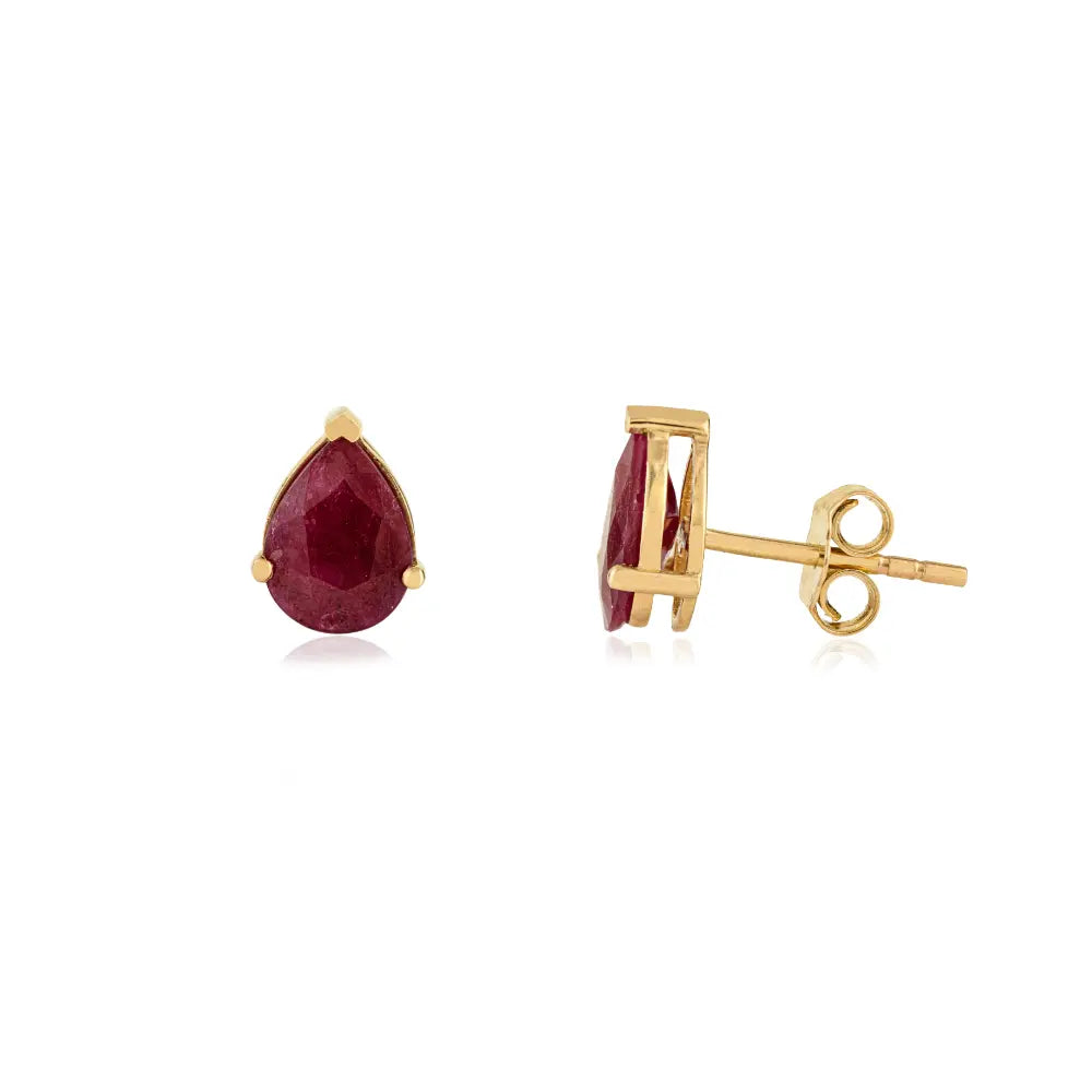 Pear Shape Ruby Single Stone Stud Earrings 14K Yellow Gold Valentine's Day Gift Jewelry