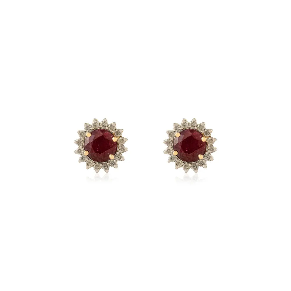 New Trending Products Round Cut Ruby & Diamond 14K Yellow Gold Cluster Stud Earrings