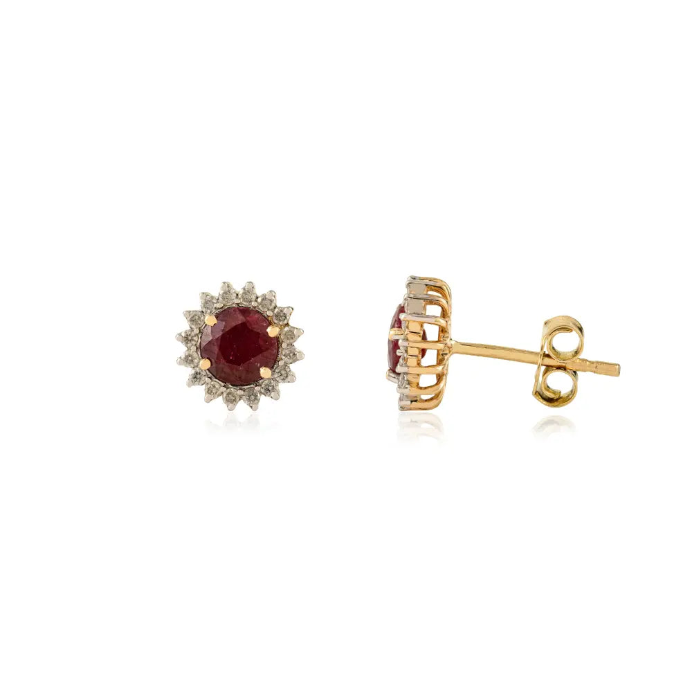 New Trending Products Round Cut Ruby & Diamond 14K Yellow Gold Cluster Stud Earrings