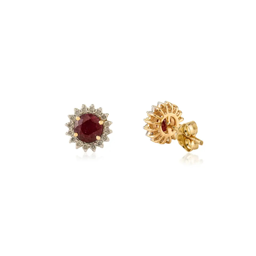 New Trending Products Round Cut Ruby & Diamond 14K Yellow Gold Cluster Stud Earrings