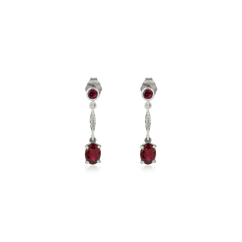 Real Gemstone Ruby & Diamond Small Drop Earrings Anniversary Gift 14K White Gold Jewelry