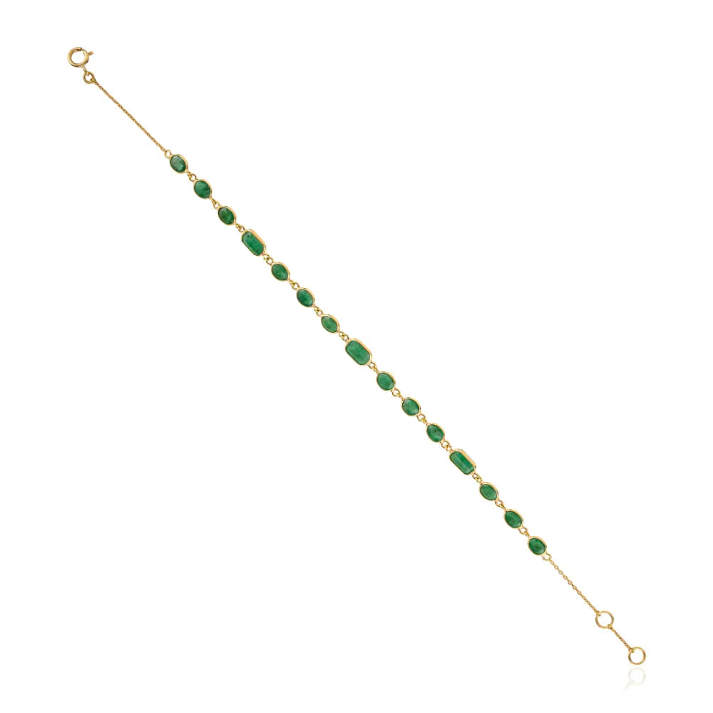 Bezel Set Zambian Emerald Gemstone Fine 18K Yellow Gold Sleek Chain Bracelet Unisex