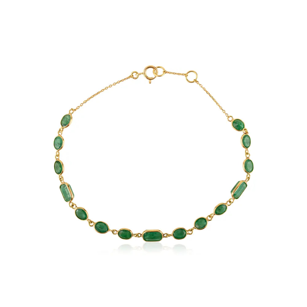 Bezel Set Zambian Emerald Gemstone Fine 18K Yellow Gold Sleek Chain Bracelet Unisex
