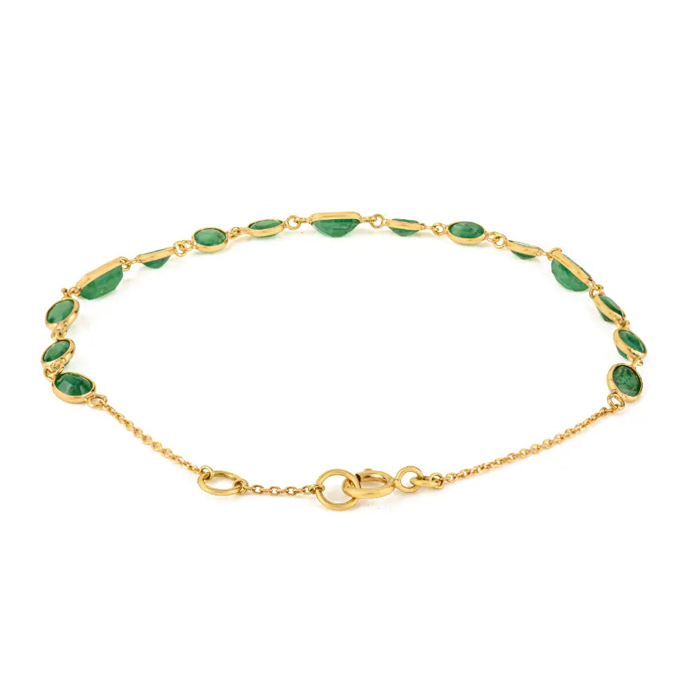 Bezel Set Zambian Emerald Gemstone Fine 18K Yellow Gold Sleek Chain Bracelet Unisex