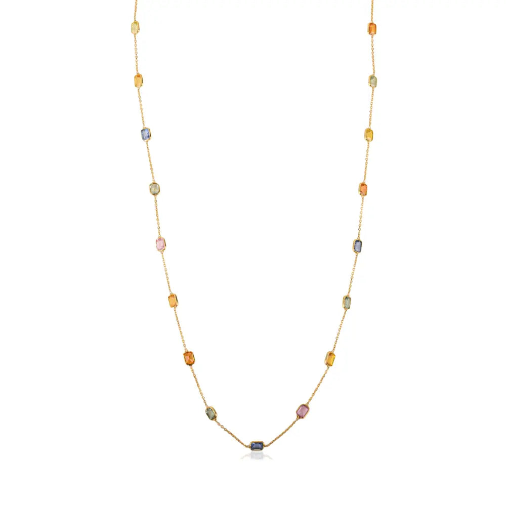 Delicate Stacking Station Chain Necklace Featuring Multi Sapphire Gemstone 18K Gold Jewelry