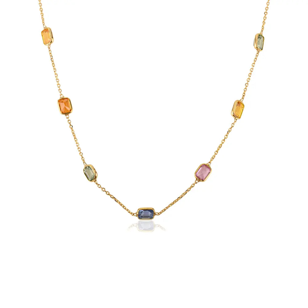Delicate Stacking Station Chain Necklace Featuring Multi Sapphire Gemstone 18K Gold Jewelry