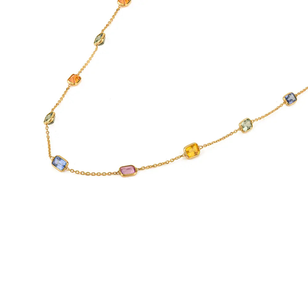Delicate Stacking Station Chain Necklace Featuring Multi Sapphire Gemstone 18K Gold Jewelry