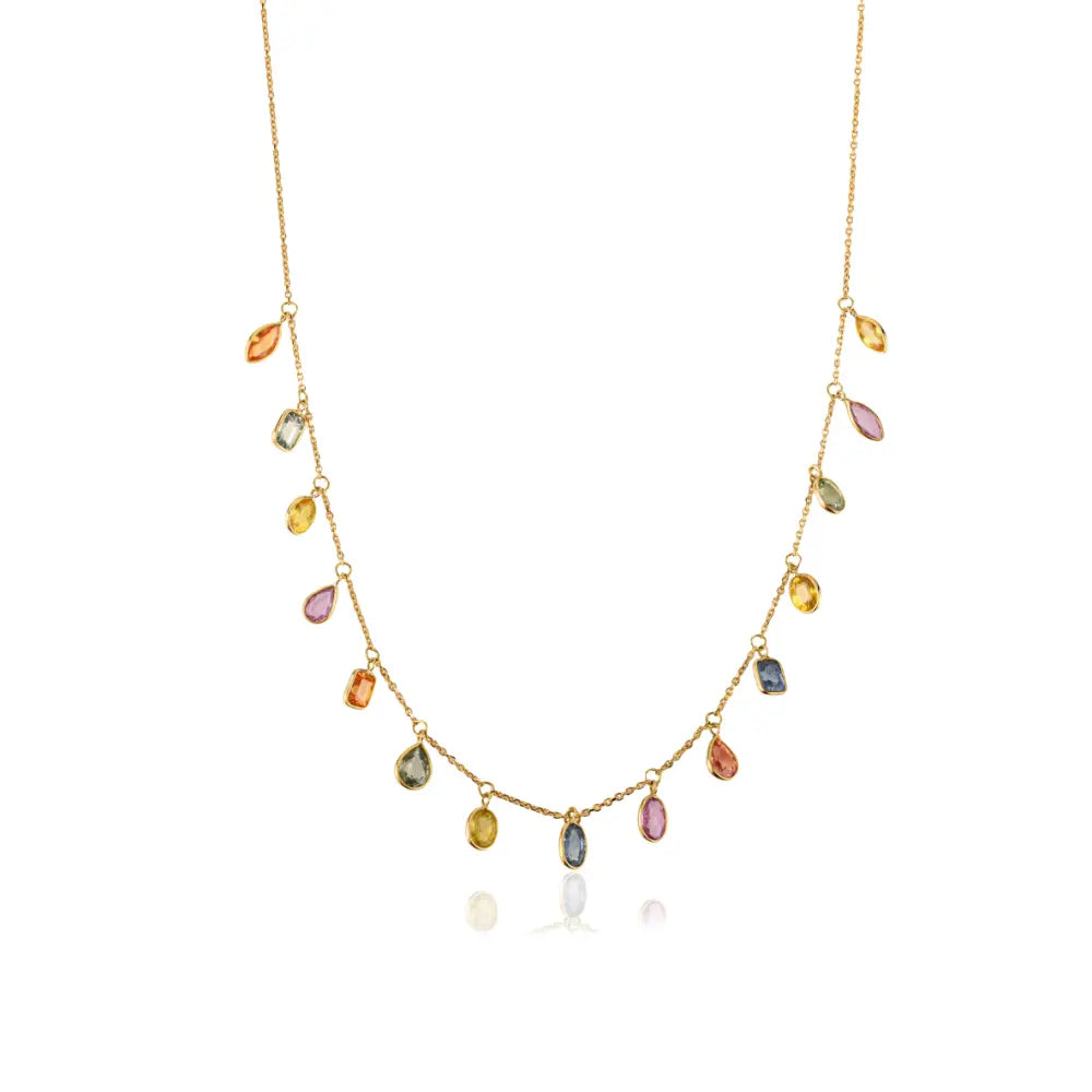 Mix Shape Colorful Multi Sapphire 18K Solid Yellow Gold Charm Chain Necklace For Women