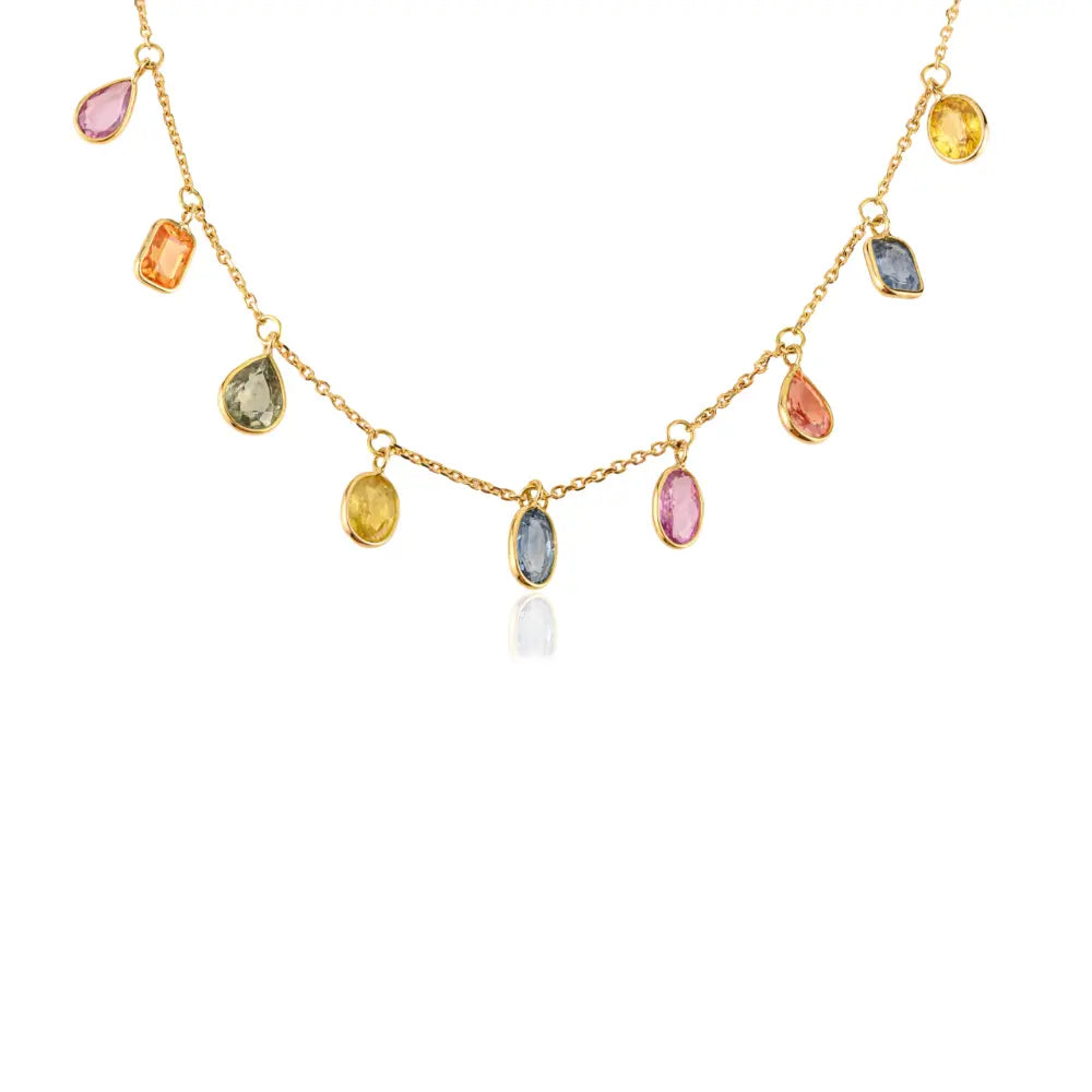 Mix Shape Colorful Multi Sapphire 18K Solid Yellow Gold Charm Chain Necklace For Women