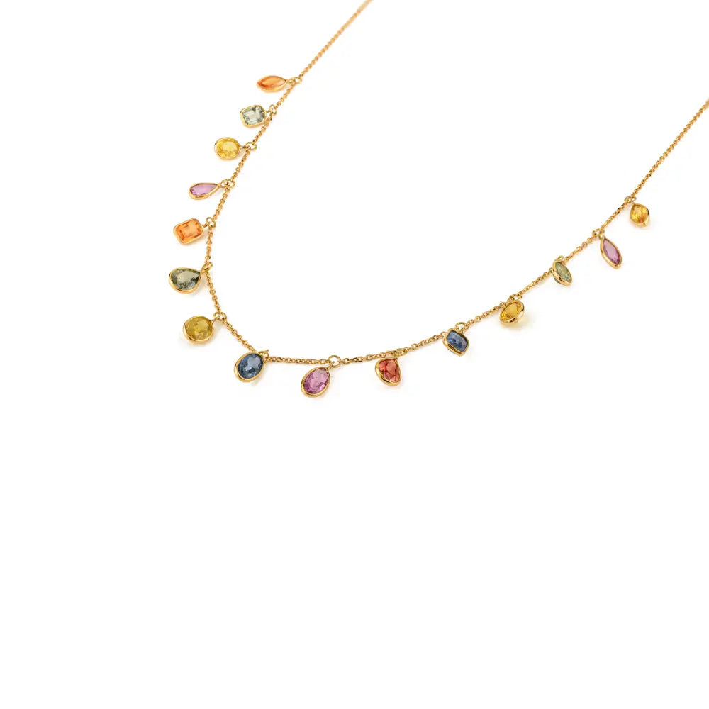 Mix Shape Colorful Multi Sapphire 18K Solid Yellow Gold Charm Chain Necklace For Women