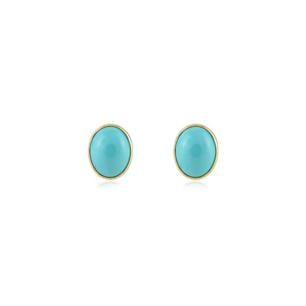 Cabochon Gemstone Turquoise Stud Earrings K18 Real Yellow Gold Custom Jewelry Supplier