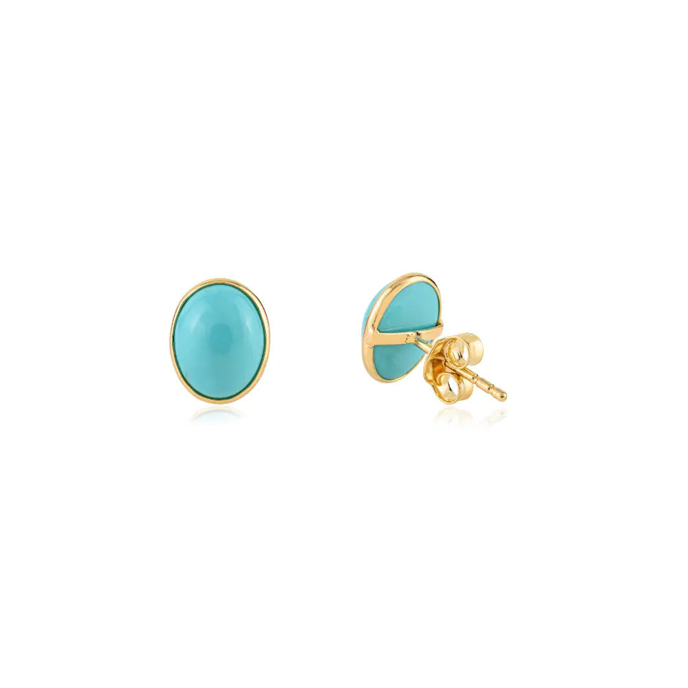 Cabochon Gemstone Turquoise Stud Earrings K18 Real Yellow Gold Custom Jewelry Supplier