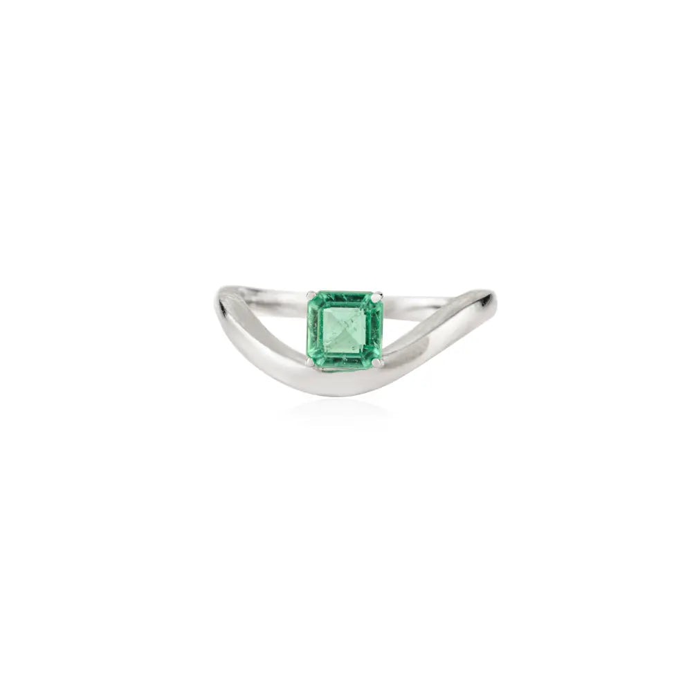 Prong Set Emerald Handmade 14K Solid White Gold Wavy Design Curve Ring Stacking Jewelry