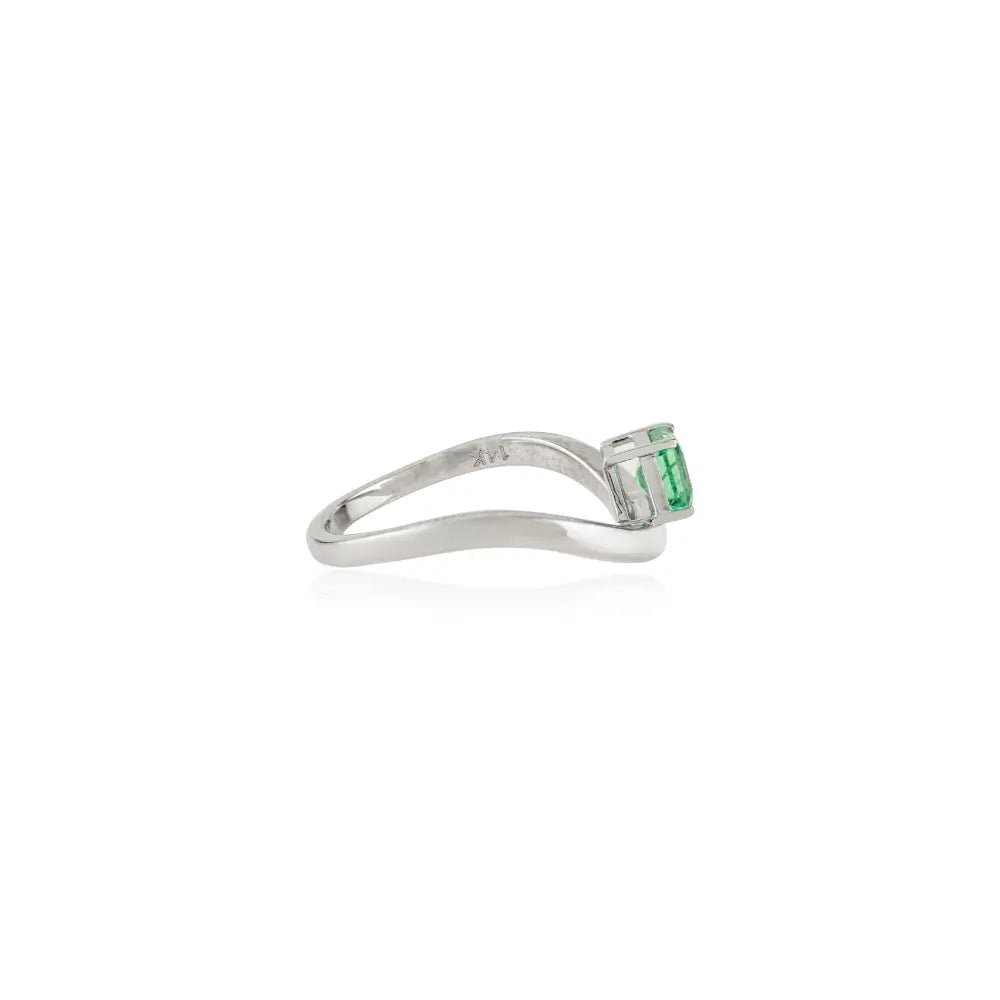 Prong Set Emerald Handmade 14K Solid White Gold Wavy Design Curve Ring Stacking Jewelry