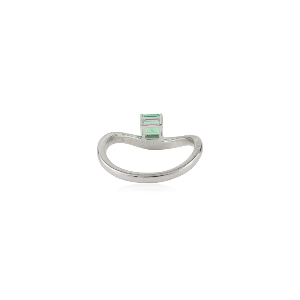 Prong Set Emerald Handmade 14K Solid White Gold Wavy Design Curve Ring Stacking Jewelry