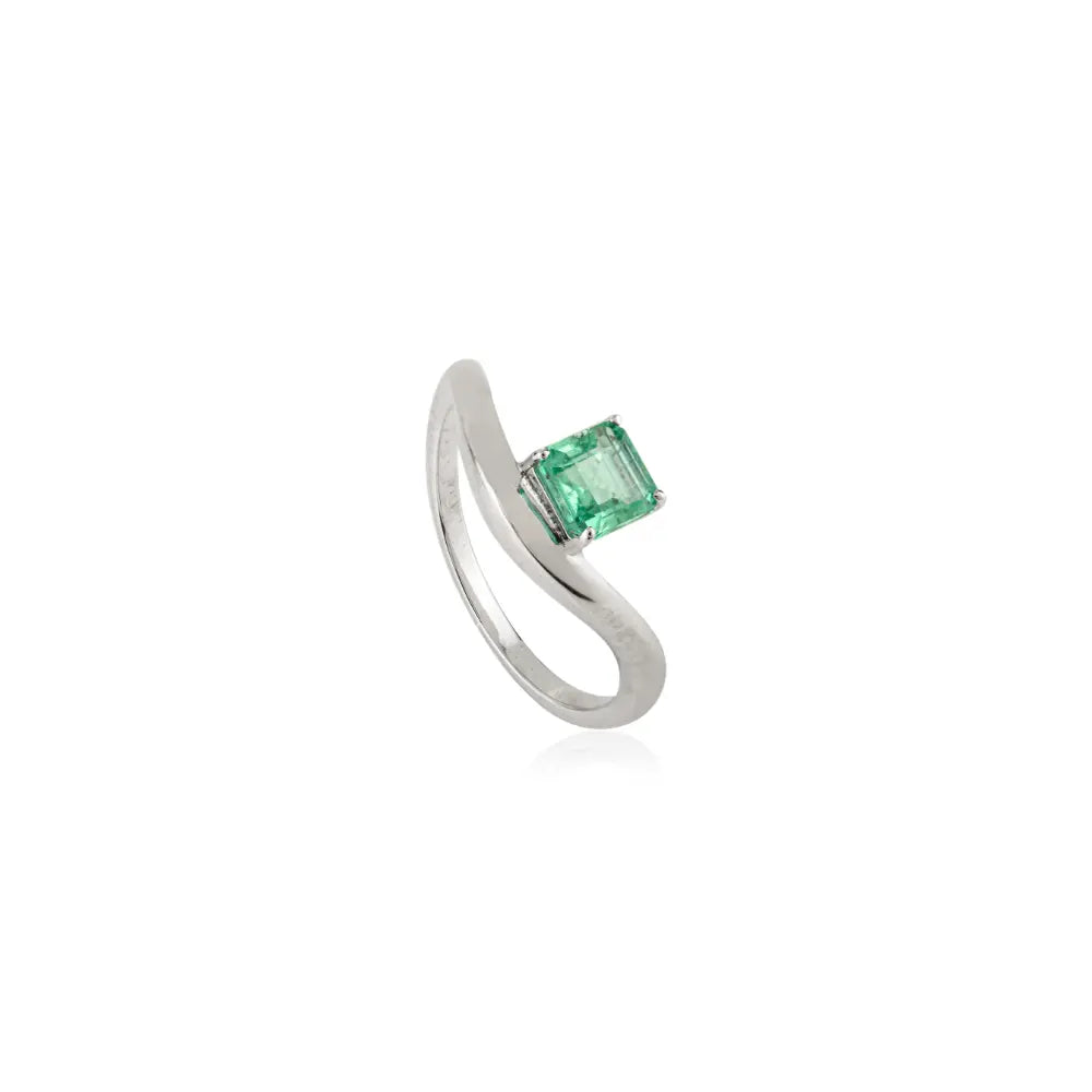 Prong Set Emerald Handmade 14K Solid White Gold Wavy Design Curve Ring Stacking Jewelry