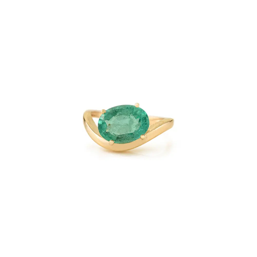 2.43 Ct. Zambian Emerald Solitaire Gemstone Wavy Ring K14 Real Gold Statement Jewelry