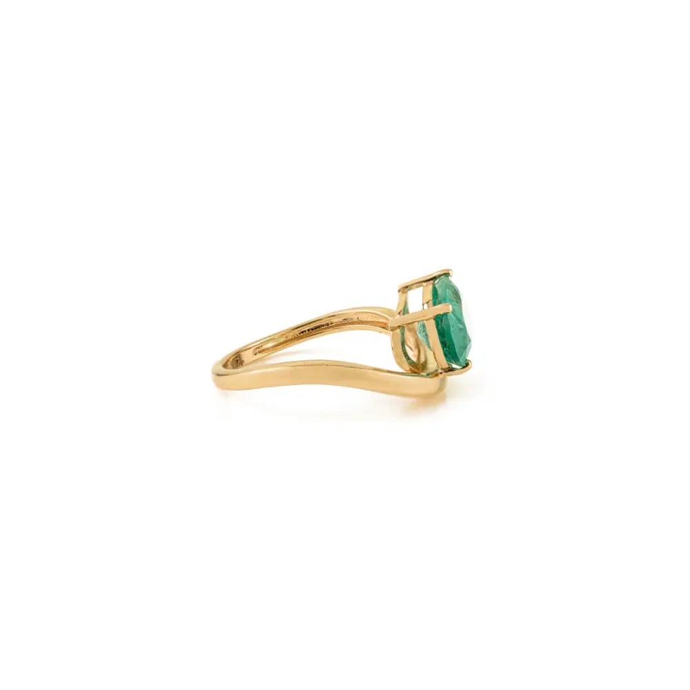 2.43 Ct. Zambian Emerald Solitaire Gemstone Wavy Ring K14 Real Gold Statement Jewelry