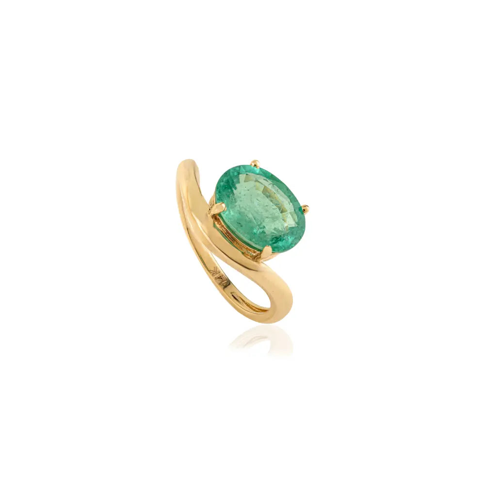 2.43 Ct. Zambian Emerald Solitaire Gemstone Wavy Ring K14 Real Gold Statement Jewelry