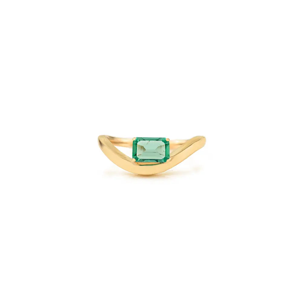 Elegant Classic Zambian Emerald Single Stone Wavy Band Ring Unisex 14K Real Yellow Gold