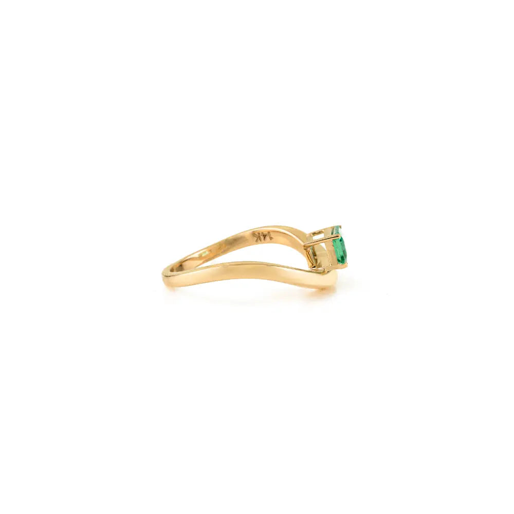 Elegant Classic Zambian Emerald Single Stone Wavy Band Ring Unisex 14K Real Yellow Gold