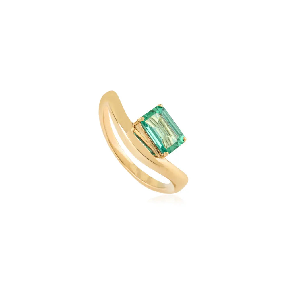 Elegant Classic Zambian Emerald Single Stone Wavy Band Ring Unisex 14K Real Yellow Gold