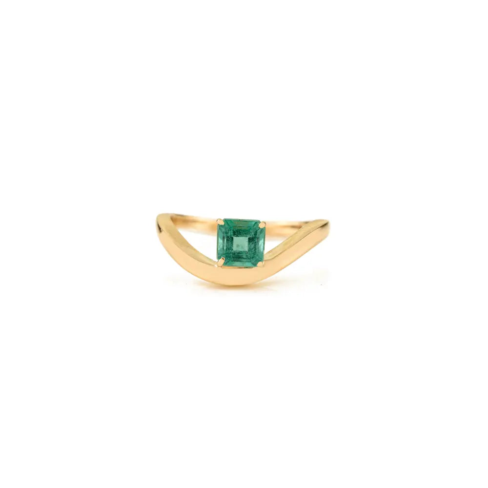 14K Solid Yellow Gold Natural Emerald Curve Wavy Ring Simple Everyday Jewelry Unisex